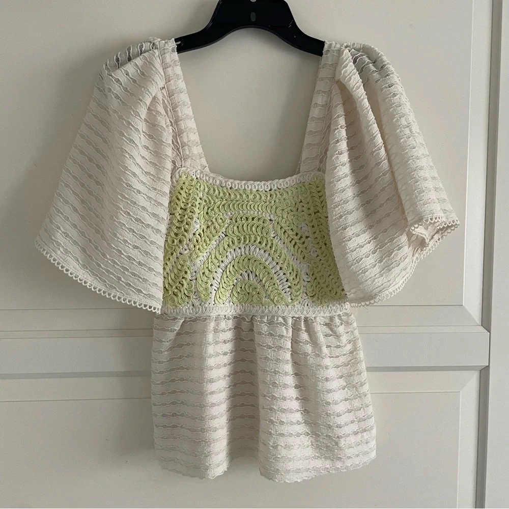 Sarah Hann white and yellow crochet top 20911